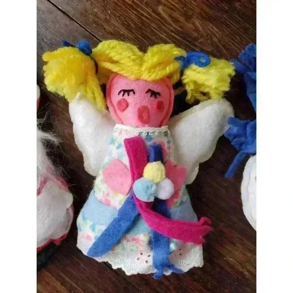 Four Vintage Felt Christmas Ornaments | Santa Stocking Angel Snowman | 60s Decor